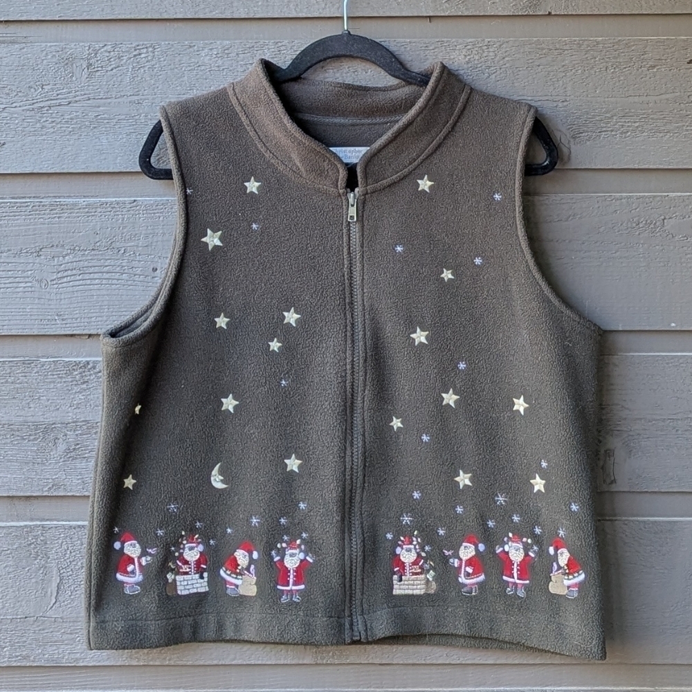 VTG Y2K Christopher & Banks Embroidered Celestial Santa Christmas Fleece Vest LG
